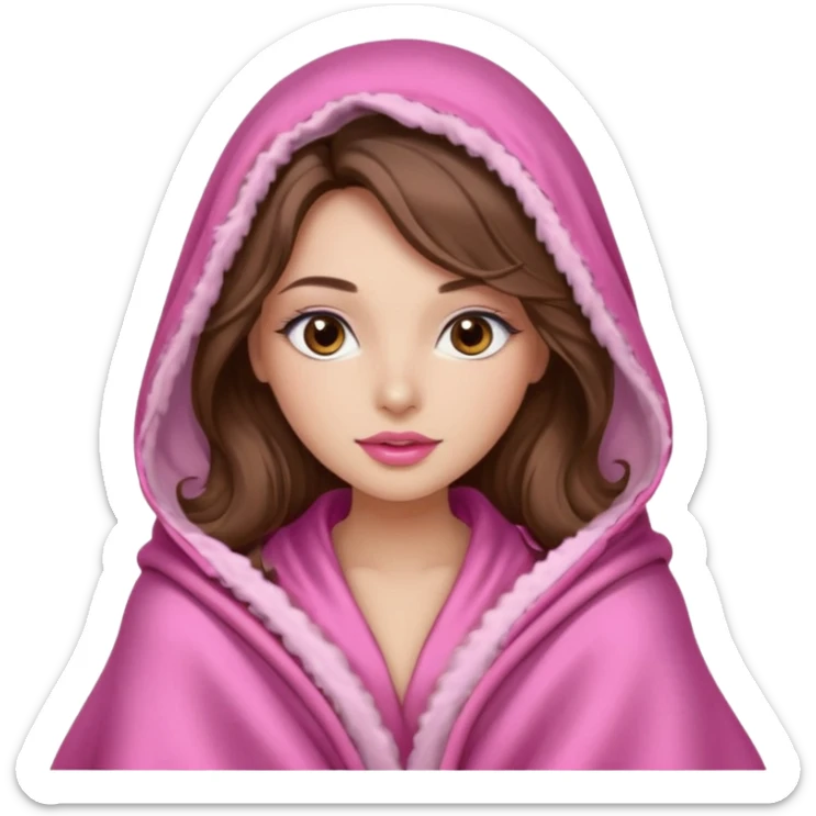 girl with long wavy brown hair, brown eyes, long lashes makeup, sexy pink lips, light to medium complexion, wearing a pink sexy silk top, big blanket over the head cozy  sticker