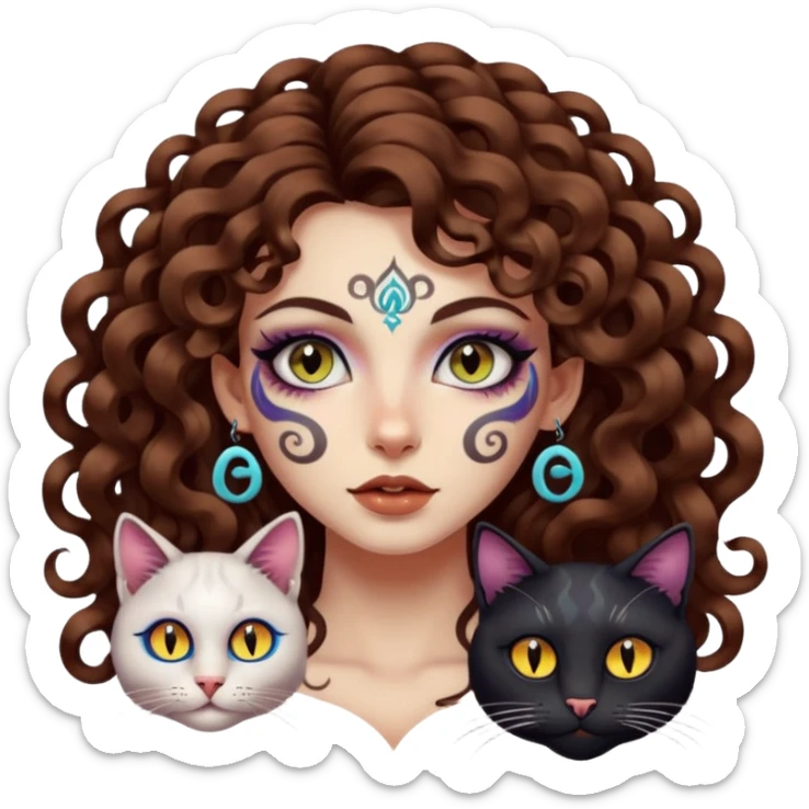 woman with long curly brown hair, brown eyes, white skin, tattoos, black cat with psychedelic spiral eyes mirroring hers sticker