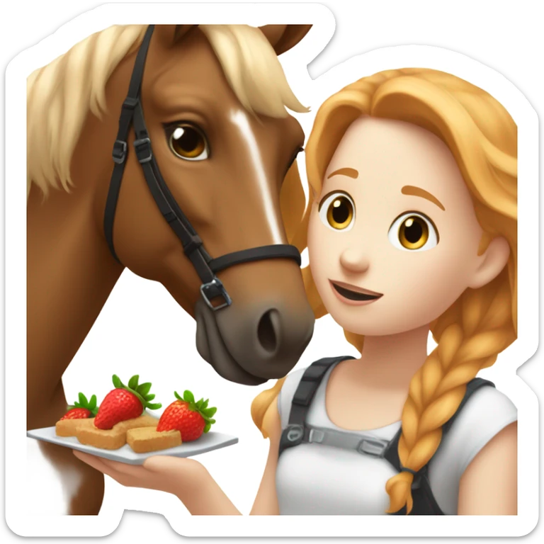 White teen girl with strawberry blonde hair giving a treat to a brown and white horse sticker