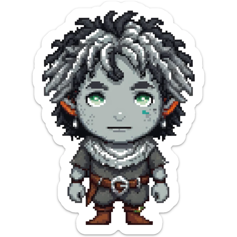 DnD firbolg with grey skin and black curly hair sticker