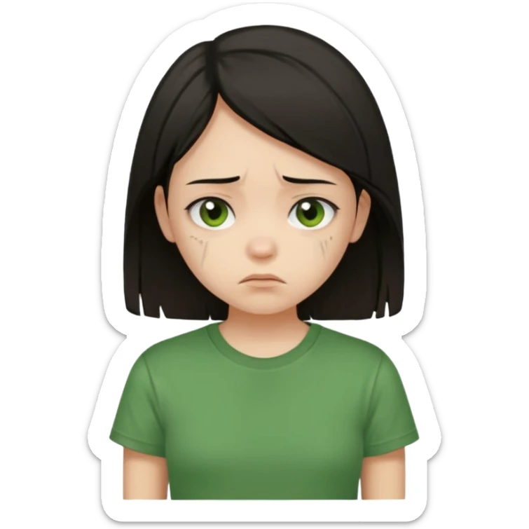 Young girl with straight, dark hair, damaged and unattractive, wearing a green T-shirt, with a sad and subdued expression. sticker