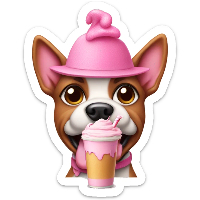 Pink dog with pink hat and pink dress eating a milkshake with a cake on top sticker
