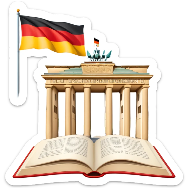 An icon featuring the Brandenburg Gate and the big flag of Germany, symbolizing the German language. The design includes an open book with German text representing language learning and German culture. Transparent background highlights the essence of German heritage. sticker