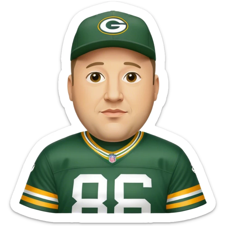 Kevin James as a Green Bay packers fan with a hat on wearing a Jordan love jersey sticker
