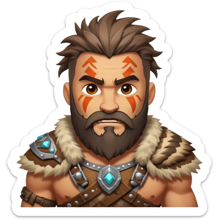 Clash of Clans style: Cinematic Rugged Barbarian Portrait Emoji, Intense and formidable with a stylized build, a rugged beard and expressive eyes, adorned in playful, battle-worn furs and cartoonish armor with tribal markings, Simplified yet powerfully detailed features, highly detailed, glowing with a deep, adventurous energy, high shine, spirited and determined, stylized with an air of raw, untamed power, soft glowing outline, capturing the essence of a barbarian warrior ready to lead epic quests! sticker