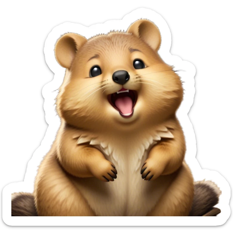 Cinematic Cute Yawning Quokka Portrait Emoji, Head tilted slightly with a dramatic, wide-open yawn, showcasing a soft, downy brown fur with a slightly droopy expression and eyes barely open in drowsy contentment, Simplified yet irresistibly adorable features, highly detailed, glowing with a soft, cozy glow, high shine, relaxed yet expressive, stylized with a touch of playful charm, bright and endearing, soft glowing outline, capturing the essence of a sleepy yet affectionate quokka, so drowsy it feels like it could stretch out of the screen and curl up for a nap! sticker