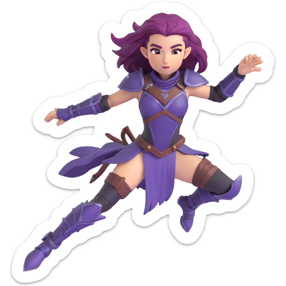 mysterious warrior girl with flowing purple hair, dressed in black armor, leaping forward in an action pose sticker