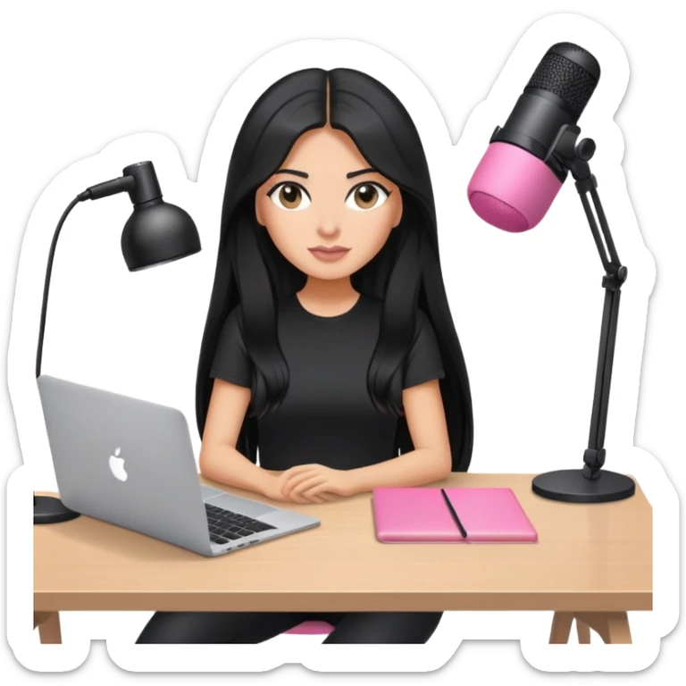 tanned long black hair woman, sat at desk with pink MacBook, podcast microphone black top and pink, sexy, glass table sticker