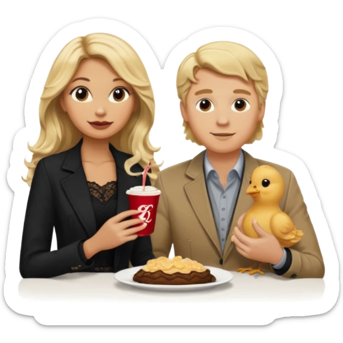 Love tan woman long wavy blonde hair and black lace  with blonde man Brown shade jacket eating chick filet  sticker
