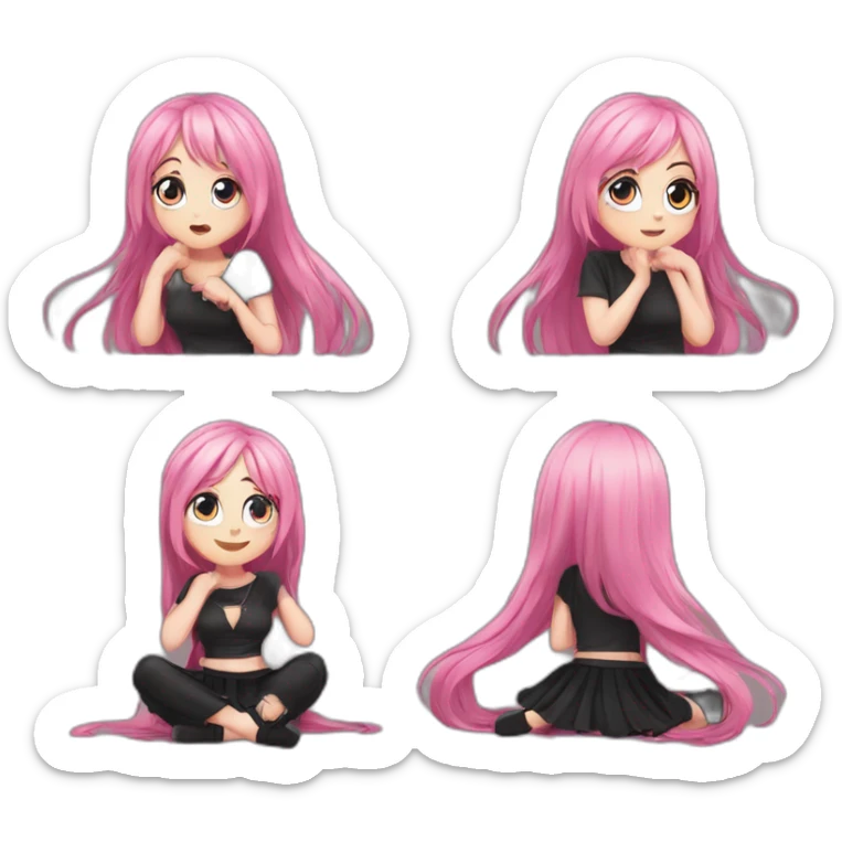 Full body Front view curvy emo girl pink hair sits on the floor straight view hands up black skirt полосатые рваные чулки sticker