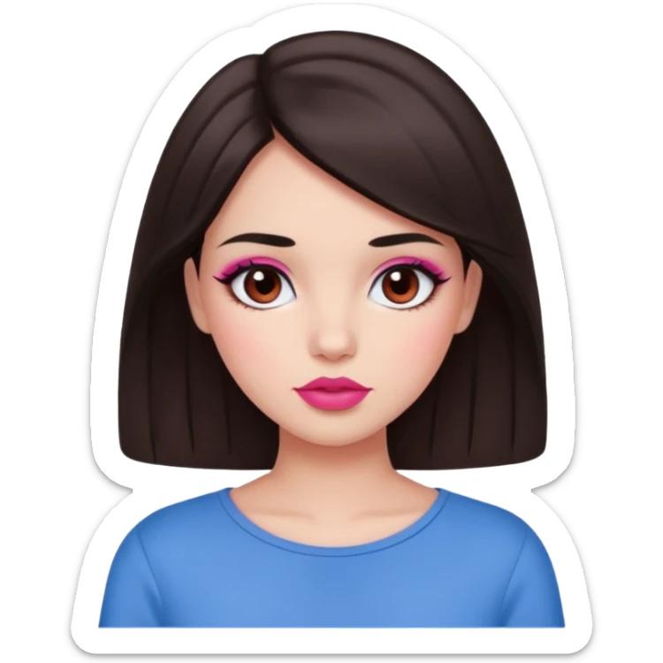 Dark brown haired girl with black eyes and lips between the shades of pink and red. A cute and clean makeup along with a blue top  sticker