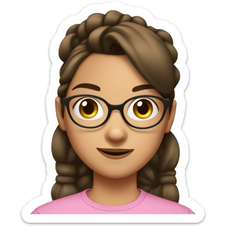 girl with oversized glasses and brown hair with straight across bangs and a pony tail in a scrunchie  sticker