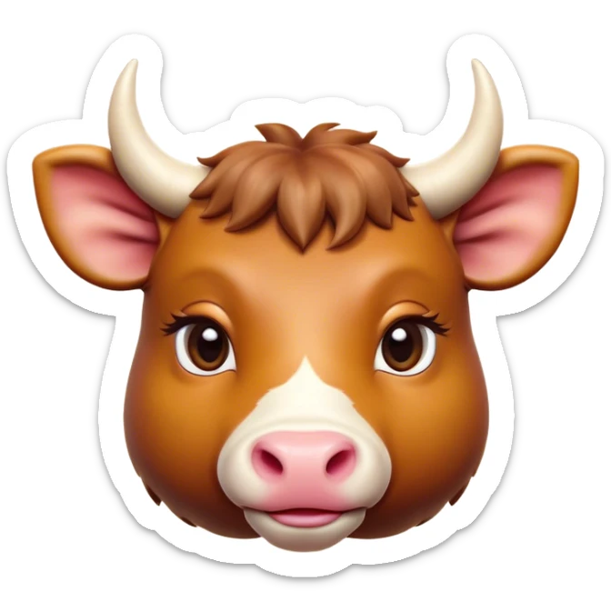 Cinematic Cute Domestic Ox Portrait Emoji, Head tilted playfully and inquisitively, with a robust, compact build and a polished hide adorned with subtle natural patterns, round, sparkling eyes full of gentle curiosity, Simplified yet irresistibly adorable features, highly detailed, glowing with a warm, friendly glow, high shine, affectionate and grounded, stylized with a touch of rustic charm, soft glowing outline, capturing the essence of a mischievous yet loving ox that feels like it could amble out of the screen into your arms! sticker