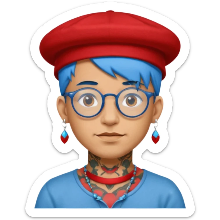 unique looking tourist with big unique red tourist felt hat and earrings, man with lots of tattoes and spectacles, blue hair showing sticker