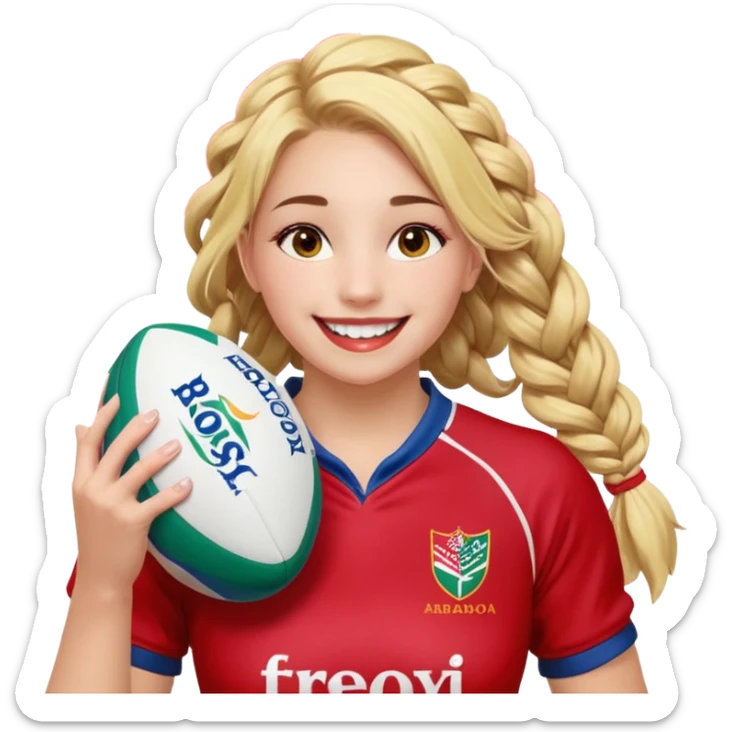 Chica de pelo rubio tirada en el suelo boca abajo agarrando un balón DE RUGBY con las manos vestida con una equipación de color rojo y blanco con líneas y con unas botas de tacos de fútbol, con un bucal en la boca y el pelo con trenzas, se la tienen que ver las 2 piernas y que sonría  sticker