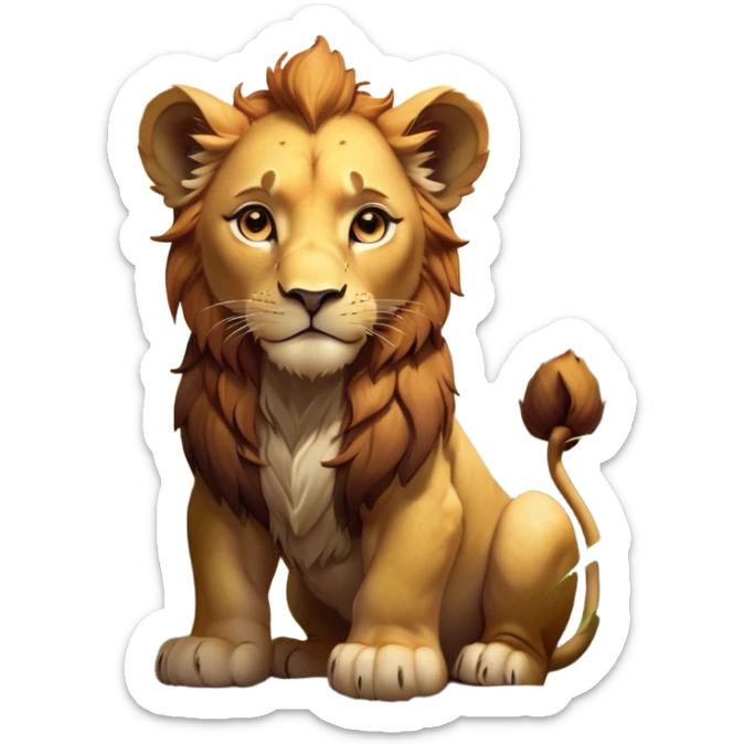 Cinematic Noble Lio Cub Portrait Emoji, Poised and regal, with a powerful, muscular build and a majestic, tawny mane, deep-set soulful amber eyes, Simplified yet sharp and sophisticated features, highly detailed, glowing with a warm, dignified glow, high shine, intelligent and fierce, stylized with an air of wild majesty, focused and attentive, soft glowing outline, capturing the essence of a watchful and confident king, so majestic it feels as though it could roar out of the screen with effortless authority! sticker