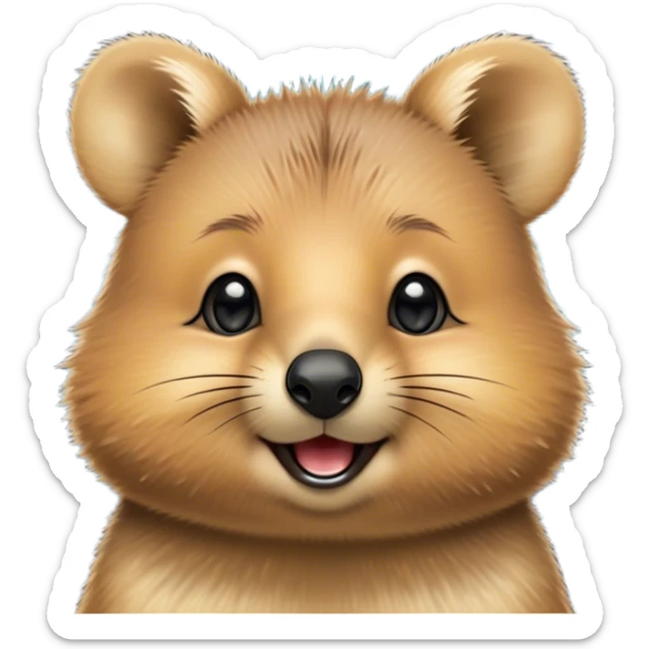 Cinematic Cute Quokka Portrait Emoji, Head tilted playfully and inquisitively, featuring a fluffy, round face with a naturally cheerful grin and bright, sparkling eyes full of playful curiosity, Simplified yet irresistibly adorable features, highly detailed, glowing with a warm, friendly glow, high shine, affectionate and spirited, stylized with a touch of Aussie whimsy, bright and endearing, soft glowing outline, capturing the essence of a mischievous yet loving quokka, so playful it feels like it could scamper out of the screen and into your arms! sticker