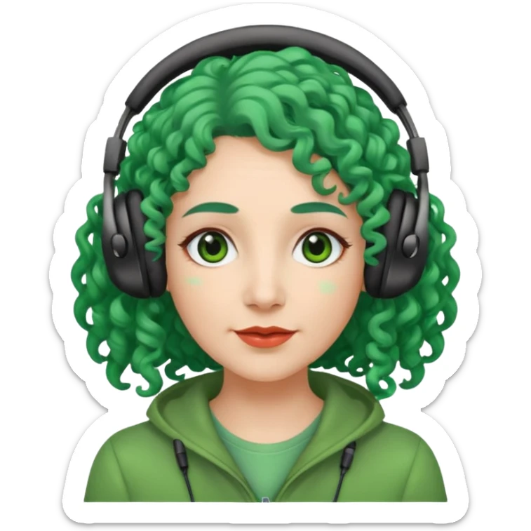 green haired earringed heaphone wearing middle aged woman very very curly long hair sticker