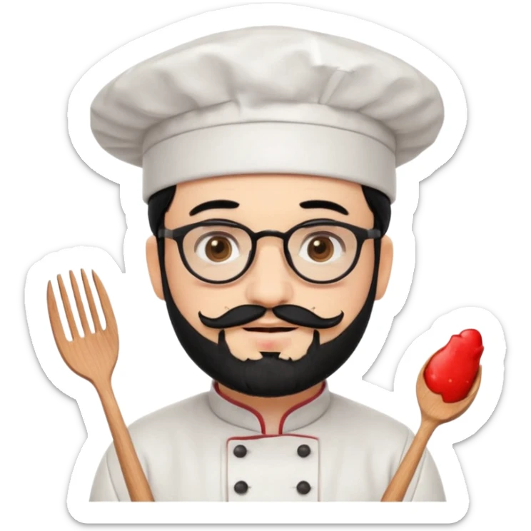 CHEF CON PIEL BLANCA, GORRO DE CHEF, PELO NEGRO Y BARBA NEGRA, OJOS MARRON OSCURO Y GAFAS DE PASTA NEGRAS. SONRIE Y TIENE MARCAS DE BESOS CON FORMA DE LABIOS EN LAS MEJILLAS (COMO MANCHAS DE PINTALABIOS) sticker
