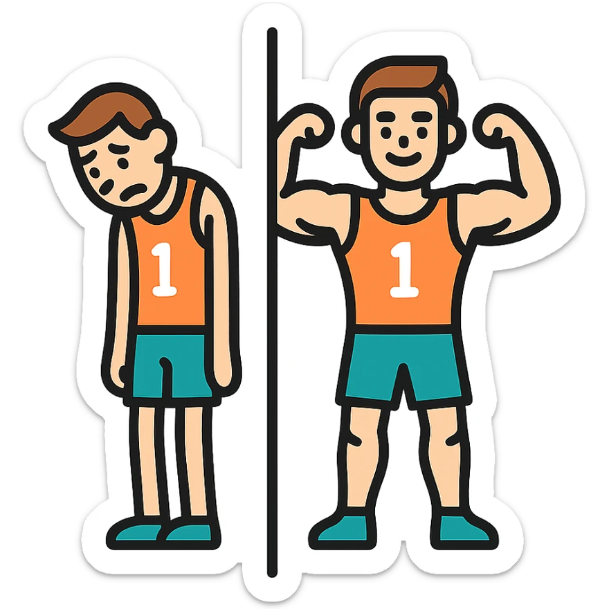in the picture is devided in to two parts, at the first the sportsman is weak and lazy, but at the second picture the same sportsman is very strong because he doing a workout regularly sticker