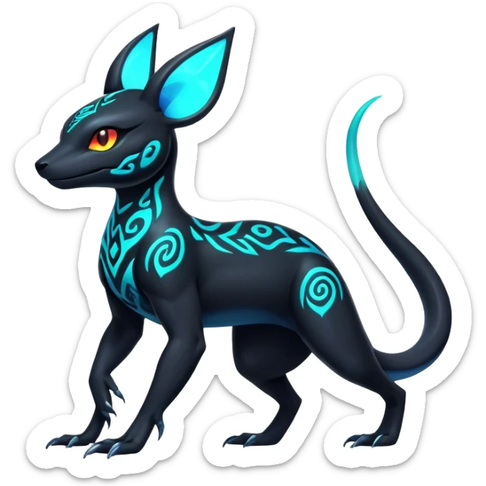 Colorful Neon Exotic Salandit-Aurorus-Umbreon-Fakémon-hybrid-creature (full body) with iridescent tribal markings sticker
