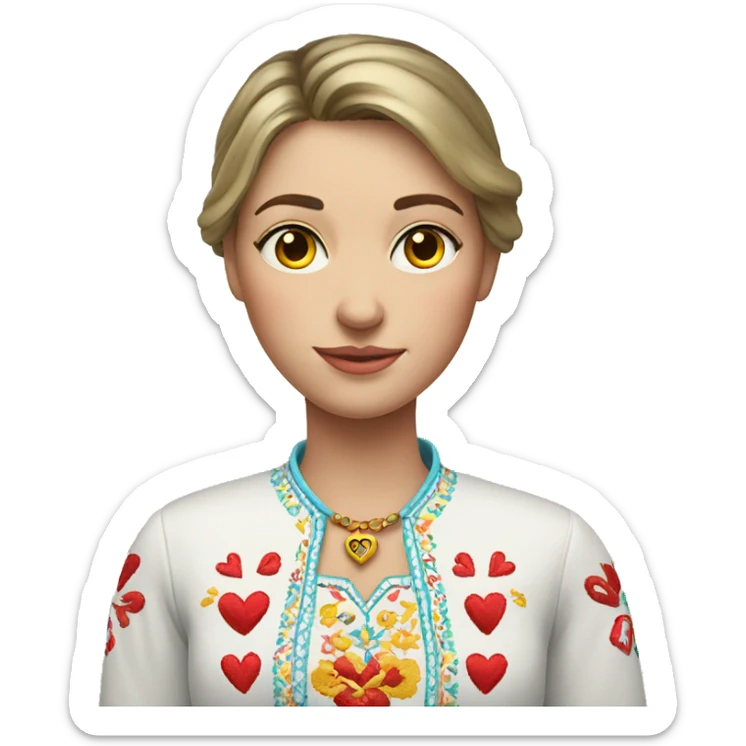 A Ukrainian woman in an embroidered shirt holds a heart in her hands sticker