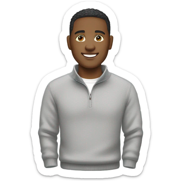 Smiling person wearing a gray quarterzip sweater with white tee shirt under, light skin tone sticker