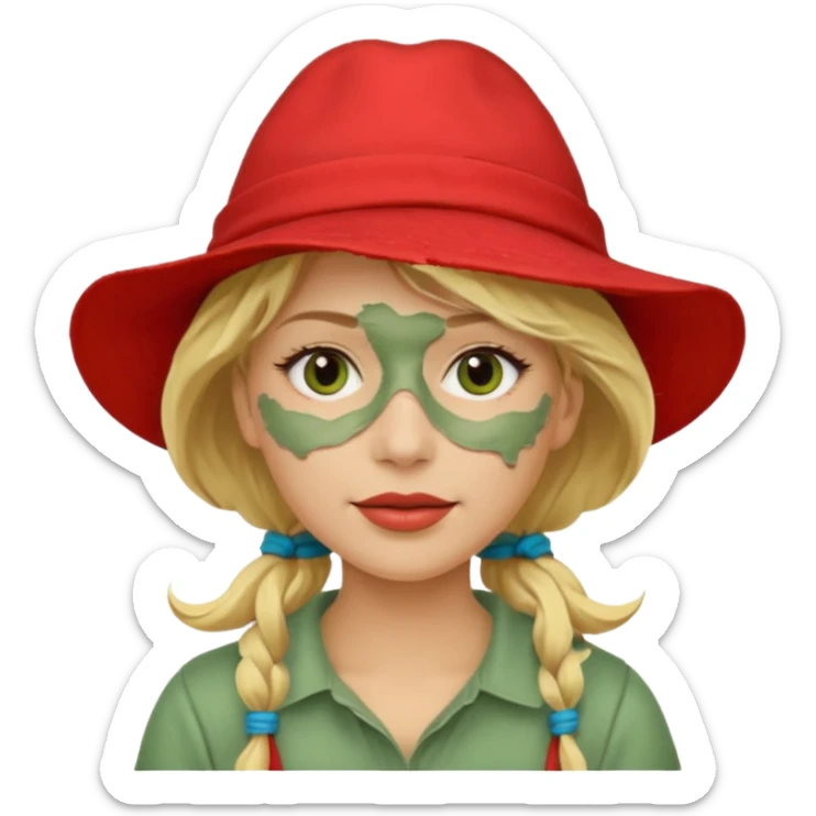 messy green clay mask and red tourist hat blond woman sticker
