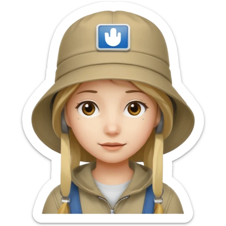 A girl with a khaki bucket hat on her head and a small detail in the form of a white rectangle with the inscription: "вйо до пригод" sticker