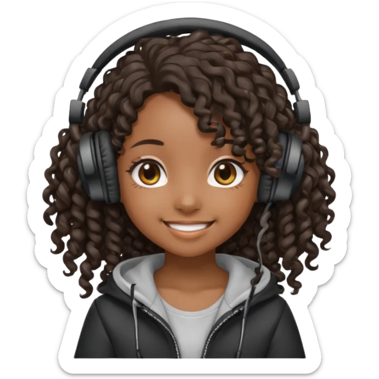 chibi anime black girl long curly hair smiling with head phones on sticker