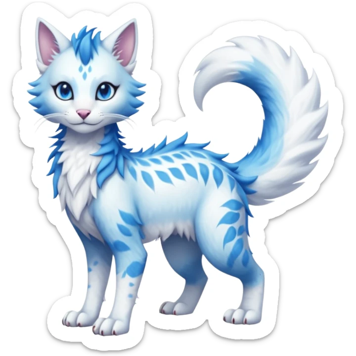 Kawaii whitish pastel divine realistic edgy fantasy feline-vernid-sergal-fursona animal creature with a tufted tail full body with intricate markings  sticker