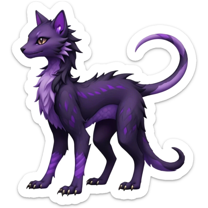 Kawaii dark black purplish blackish edgy fantasy ethereal feline-vernid-sergal-monster-fursona animal creature full body with intricate markings  sticker