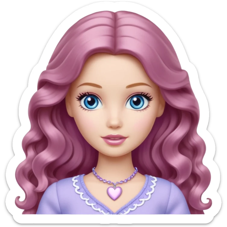 Barbie girl Chestnut long wavy hair and blue eyes is In pale purple clothes There are silver hearts all around sticker