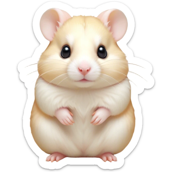 Cinematic Noble Cream Hamster Portrait Emoji, Poised and regal, with a tiny, compact build and a smooth, pristine cream fur, deep-set soulful dark eyes, Simplified yet sharp and sophisticated features, highly detailed, glowing with a soft, dignified glow, high shine, intelligent and energetic, stylized with an air of miniature elegance, focused and attentive, soft glowing outline, capturing the essence of a watchful and confident rodent, so majestic it feels as though it could scurry out of the screen with effortless authority! sticker