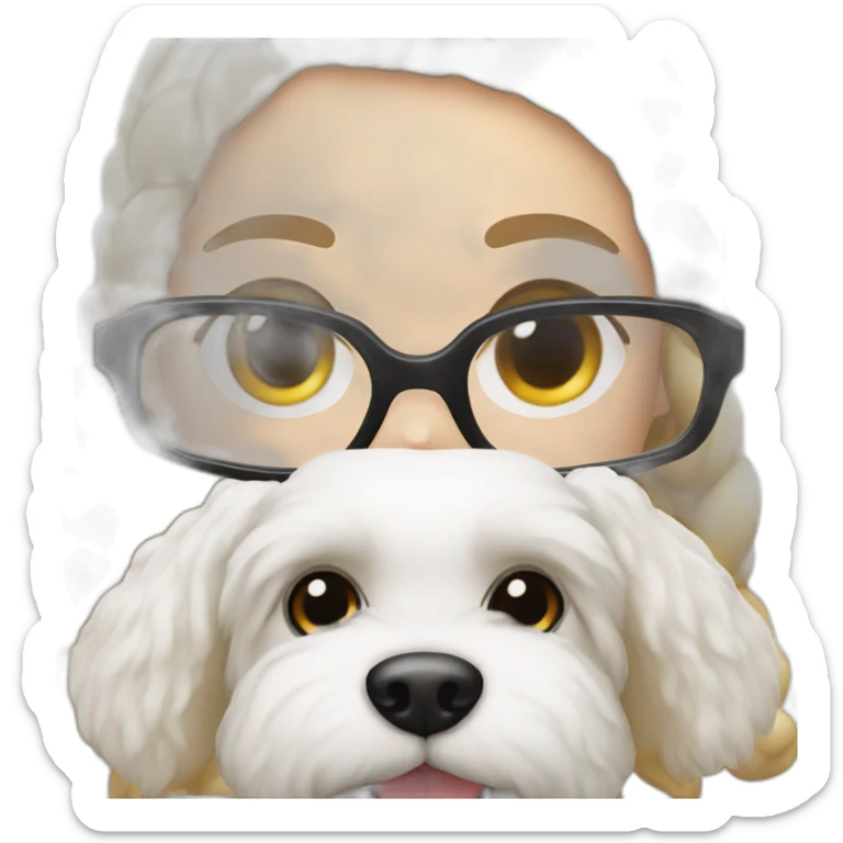 white-woman-black-hair-bun-with-glasses-with-bichon-dog-white-smile-christmas sticker
