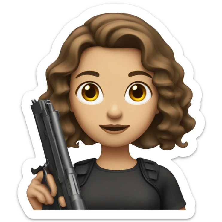 Girl with shoulder length wavy brown hair holding gun sticker