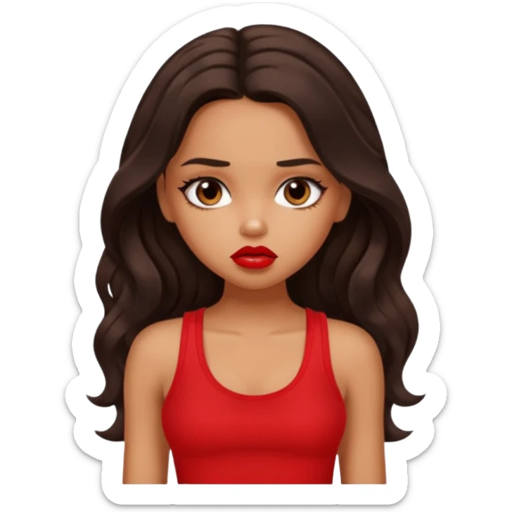 generate a pretty tan bratz girl with dark brown wavy hair long wearing a red tank top, red lipstick. Looking sad sticker