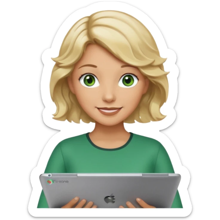 short wavy blonde hair tan skin teacher green eyes woman happy holding chromebook sticker