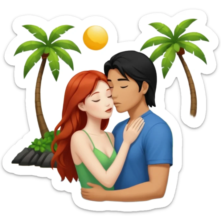 long black haired asian guy kisses redhead girl on island sticker