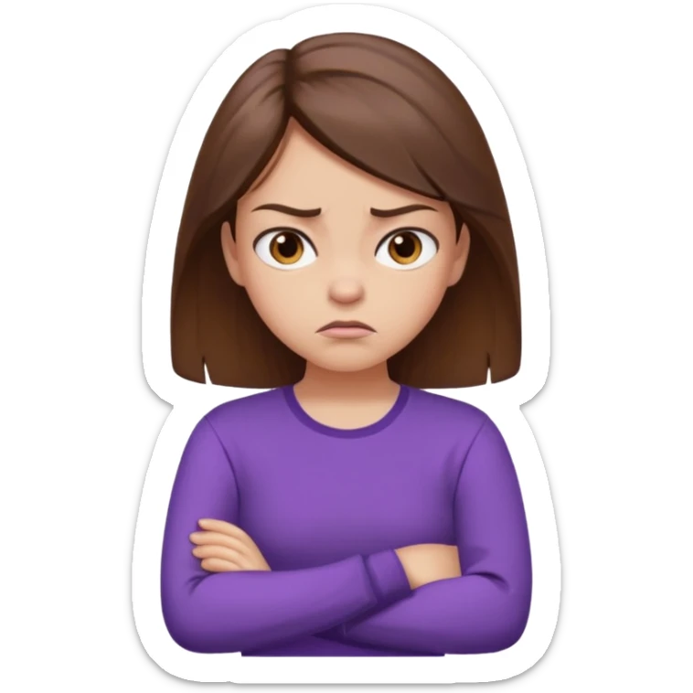 Angry Pouty girl with squinted eyes folding arms in a purple longsleeve shirt she has fair skin and brown hair sticker
