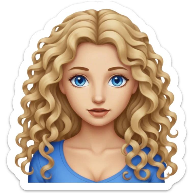 beautiful woman, long curly dirty blonde hair, blue eyes, blue eyes,  sticker