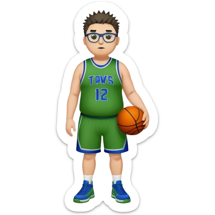 Full Body overweight white male with dark short spike hair basketball player wearing glasses wearing blue green uniform sticker