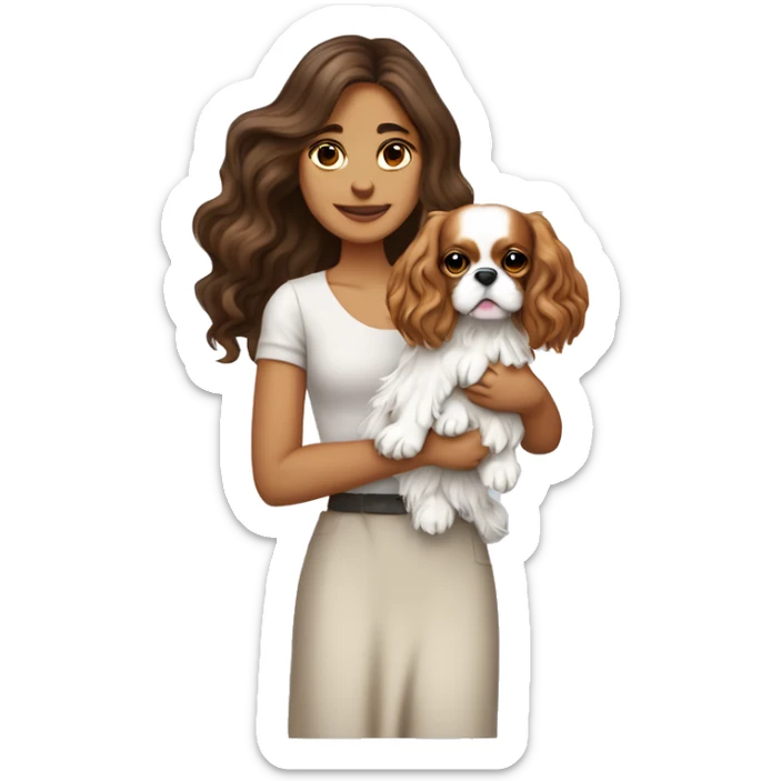 Pretty white brunette long wavy hair girl, holding a cute cavalier King Charles spaniel dog with short ears wavy fur sticker