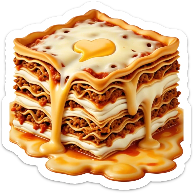 Lasagne alla Bolognese Cinematic Realistic Lasagne alla Bolognese Dish Emoji, depicted as a messy, layered pasta dish overflowing with melted cheese and rich meat sauce, rendered with hearty textures and warm, indulgent lighting. sticker