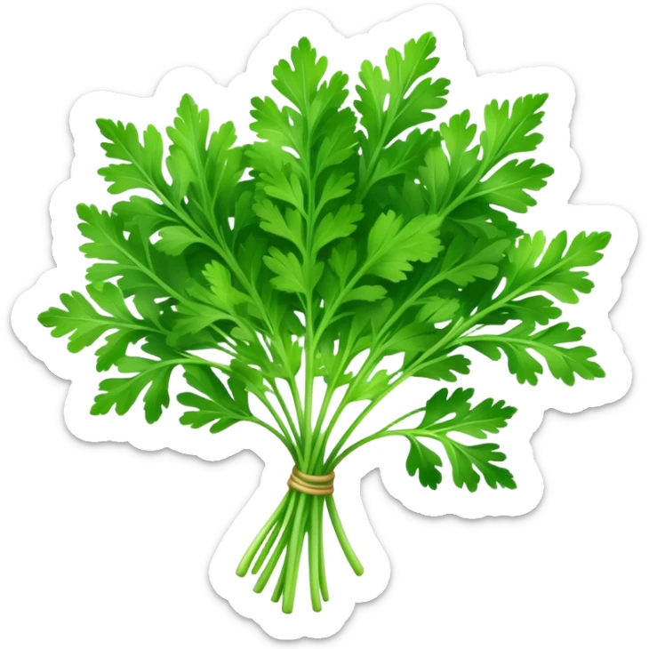 Cinematic Realistic Parsley Emoji, Fresh and vibrant, with bright green, frilly leaves that seem to shimmer with vitality. The plant exudes a sense of healthy growth and aromatic zest, inviting both beauty and flavor into any dish. Soft glowing outline, capturing the essence of freshness, health, and culinary delight in a sprig of parsley! sticker