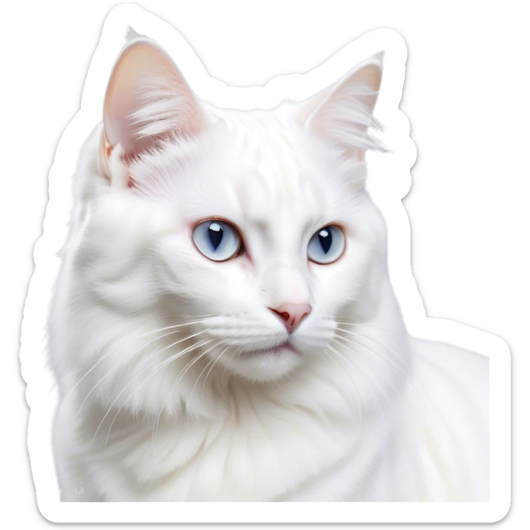 Cinematic Noble White Cat Portrait Emoji, Poised and stately, with a pristine, snow-white fur accented by delicate hints of silver, refined whiskers and a serene, focused gaze, simplified yet impeccably detailed, glowing with an ethereal radiance and timeless elegance, high shine, exuding calm intelligence and regal simplicity, soft glowing outline, capturing the essence of a noble white cat that radiates quiet majesty! sticker