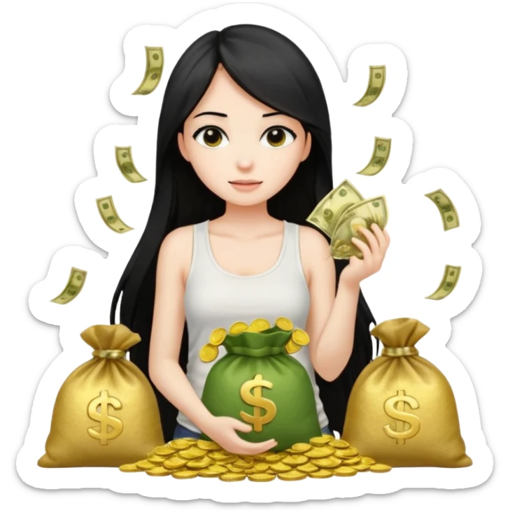 a pretty bratz fair girl with long straight black hair  with a white tank top surrounded by money bags sticker