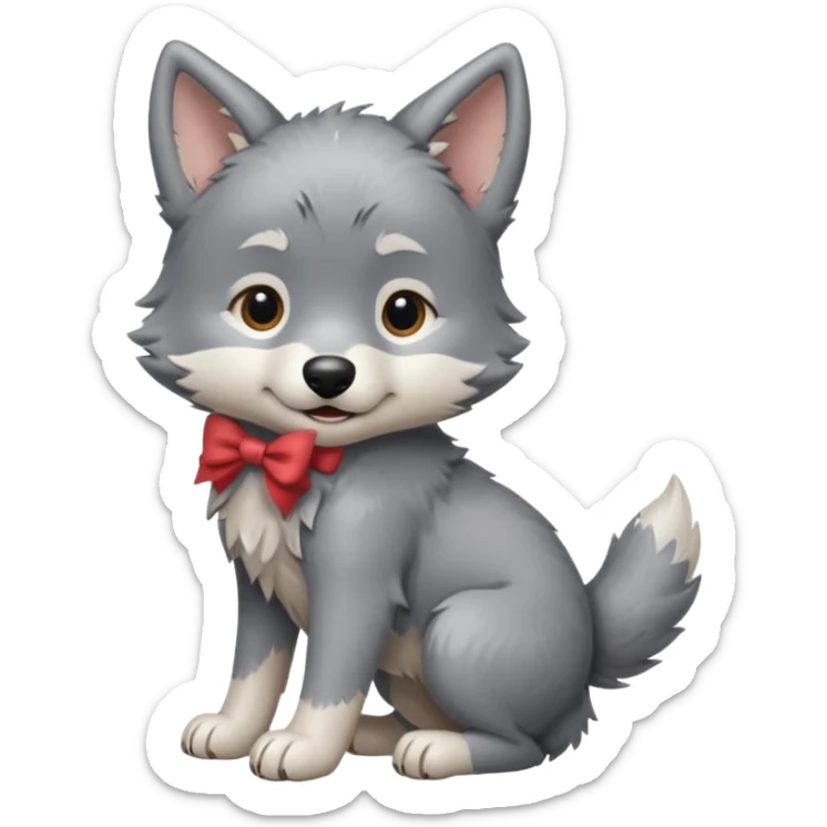 an animated gif sticker emote of a wolf puppy in a play bow wagging its tail in a smooth, natural arc over its back sticker