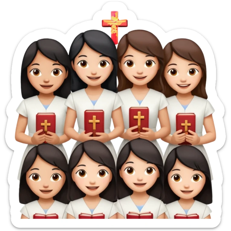 eight asian girls holding bibles and crosses and laughing  sticker