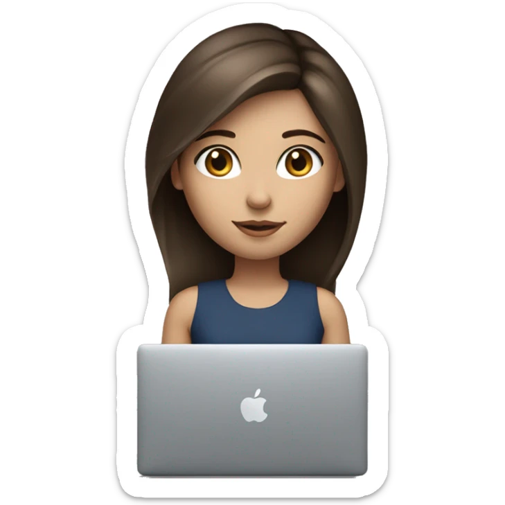 Brunette girl, fair skin, blue eyes, works on a MacBook sticker